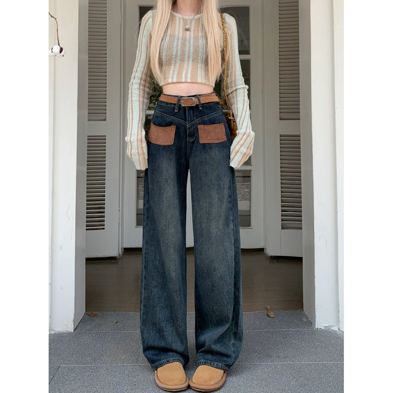 Autumn And Winter New High-Waisted Straight Leg Denim Trousers Women's Pocket Loose Wide Leg Mop Pants