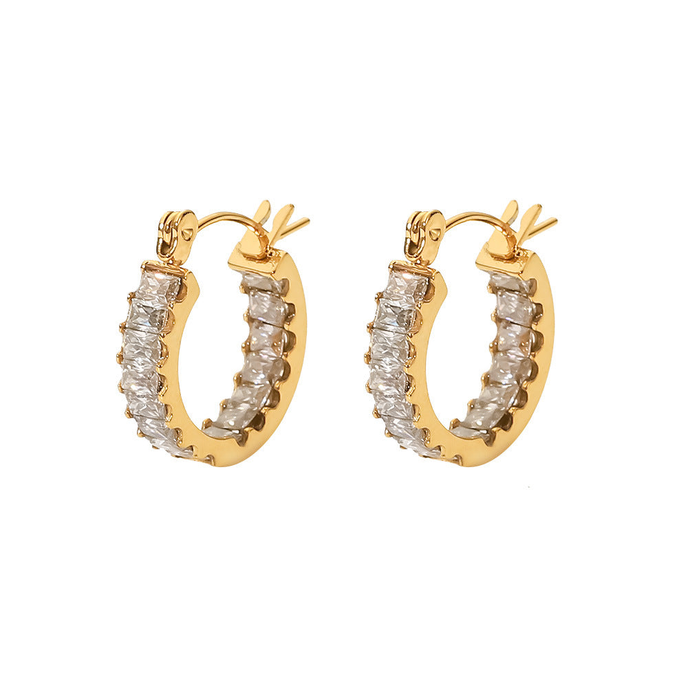 5pcs Niche Style Women's Fashion All-Match Titanium Steel Earrings 18K Gold Stainless Steel White Zirconium Inlay Ring Earrings Jewelry