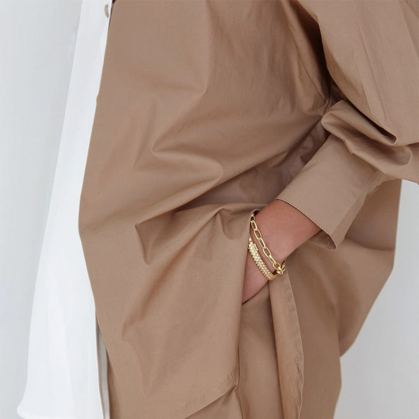 Autumn Women's New Color Contrast Long-Sleeved Shirt Shorts Two-Piece Cotton And Linen Casual Fashion Suit