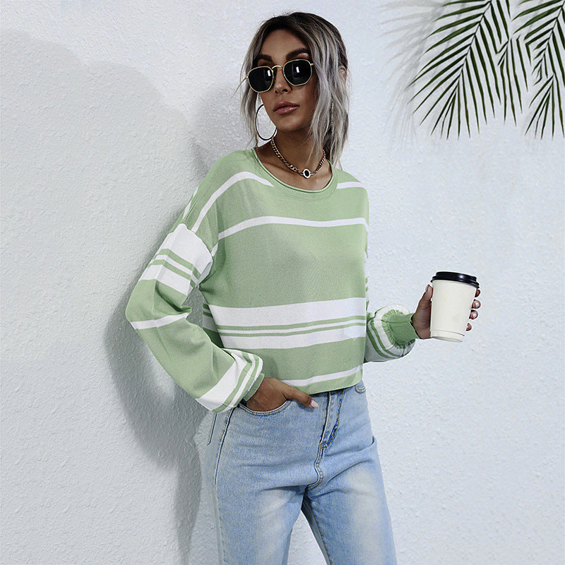 Women's Autumn Long-Sleeved Knitted Short Striped Green Sweater Women