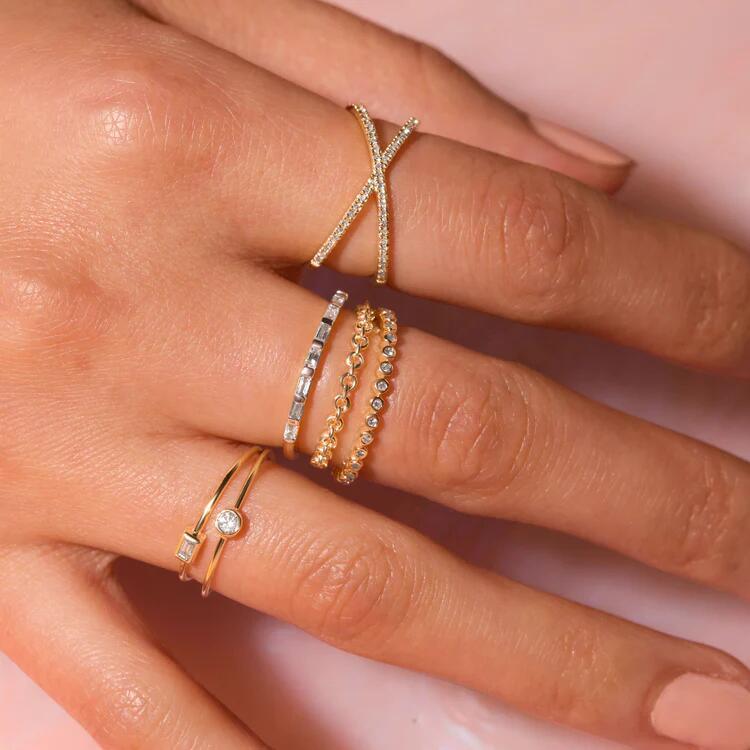 5pcs Simple Cross-Diamond Ring Ladies Niche Design Sense Tail Ring Fashion Personality All Match Colourless Ring