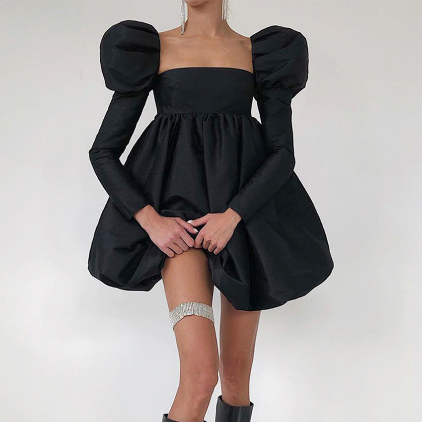 Autumn Puffed Sleeve Satin Color Ding Princess Dress Gown Long Sleeve Square Collar Court Style Dress Woman