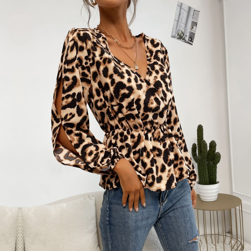 New Slim-Fit V-Neck Top Hollow Long-Sleeved Off-The-Shoulder Leopard Print Shirt