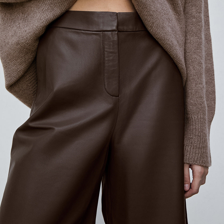 Brown Faux Leather High-Waisted Quarter Pants Retro Commuter Shorts New Fall Fashion
