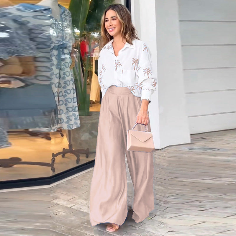Autumn And Winter New Lapel Print Top Wide Leg Pants Fashion Suit Woman