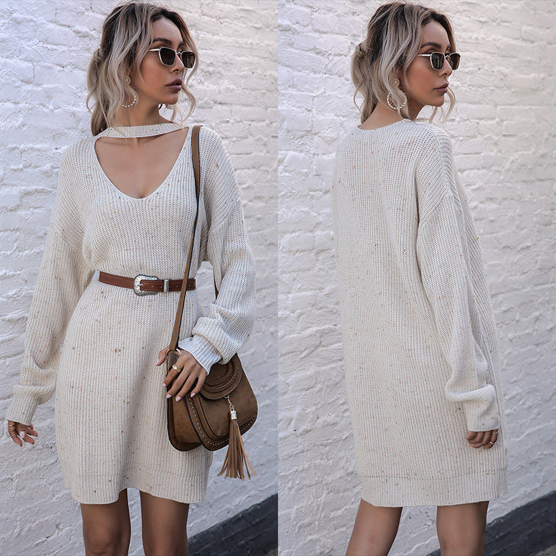 Autumn V-Neck Long Pullover Low Neck Long Sleeve Knitted Sweater Dress