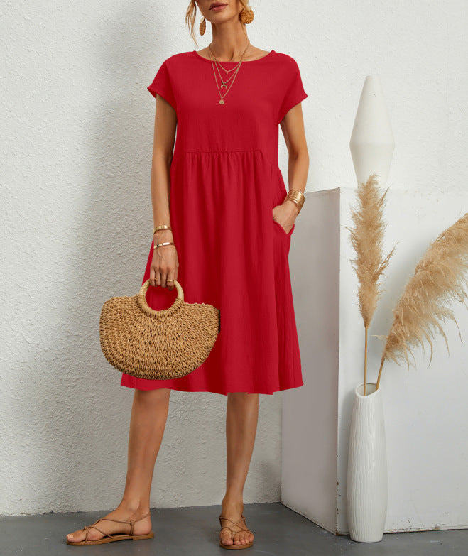 Fashion Ol Quality Women's Solid Color Cotton Linen Round Neck Set A-Line Skirt Dress