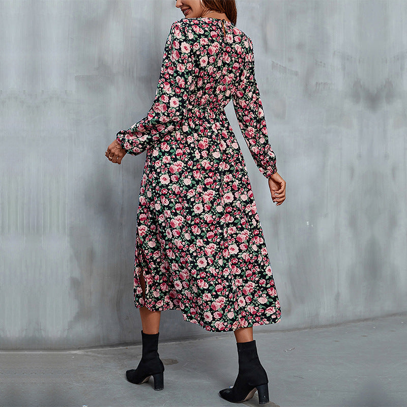 Autumn New Women's Printing Slit Dress Long Skirt