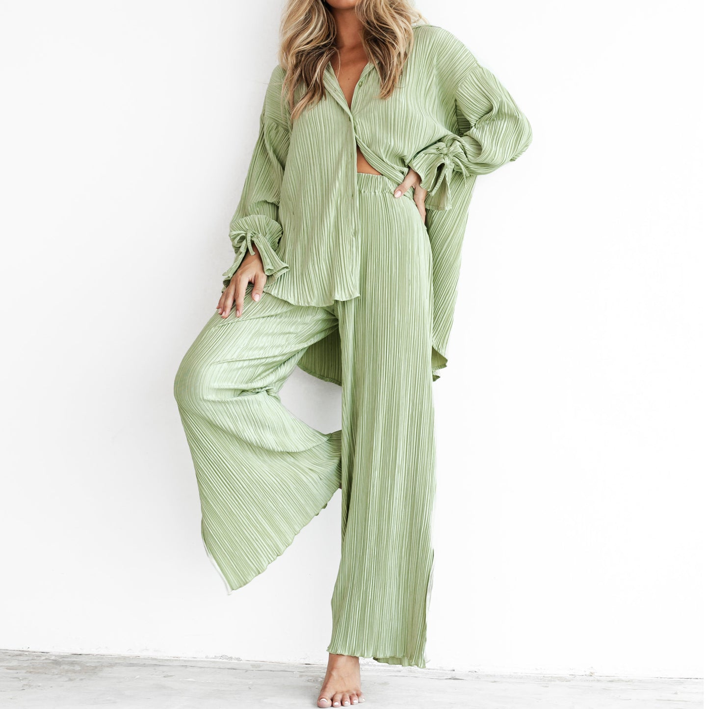 Women's Autumn New Fashion Set Pleated Shirt Long Sleeve Split Pajamas Two-Piece Set