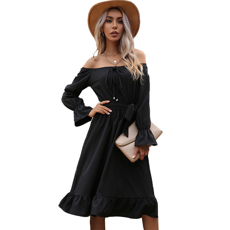 Autumn and Winter Women's Elegant Black Hepburn Style Off-The-Shoulder Long-Sleeve Dress