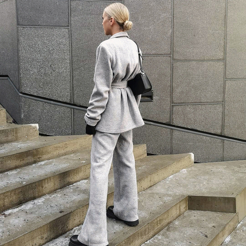 Autumn And Winter Fashion Women Commute Grey Wool Coat Fashion Suit Suit Design Sense Two-Piece
