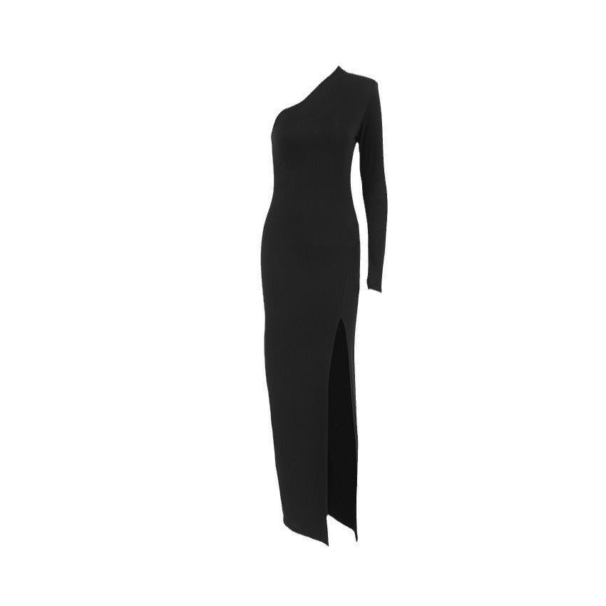 Black Woolly Knit High-Waisted Split Sheath Dress Wildberries Spring/Summer Fashion Woman