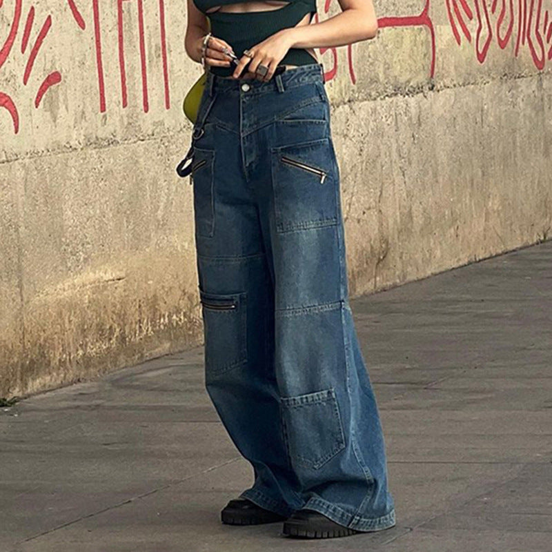 Tall Multi-Pocket Zipper Jeans Women New Straight Leg Wide Pants With Streamers