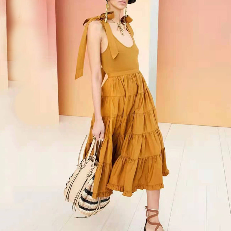 Fashion Commuter Style Spring New Bow Lace-Up Halter Solid Color Patchwork Slim Mid-Length Dress