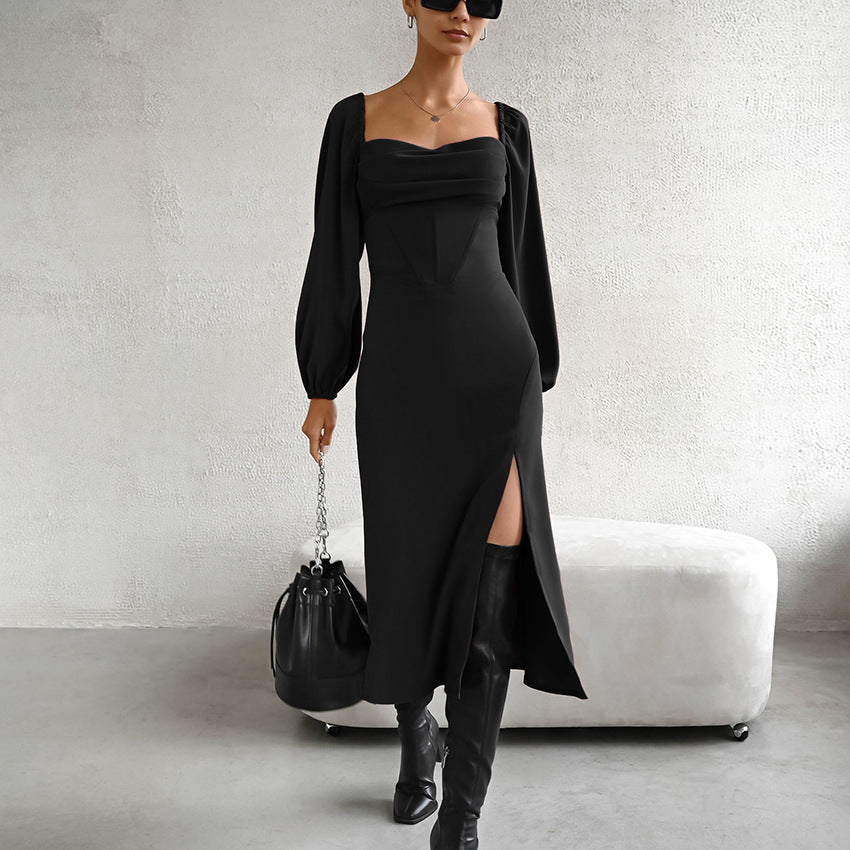 Slim-Fit Square Neck Puffy Sleeve Dress Satin Style Midi Dress With Slit A-Line Skirt For Women