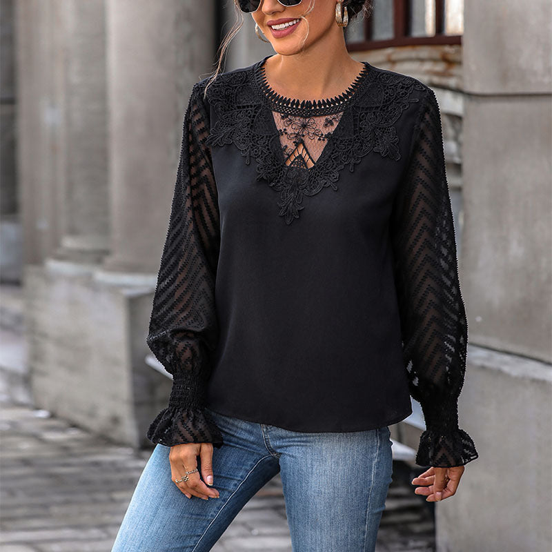 Spring Lace Patchwork Top Long Sleeve Commuter See-Through Pullover Blouse Woman