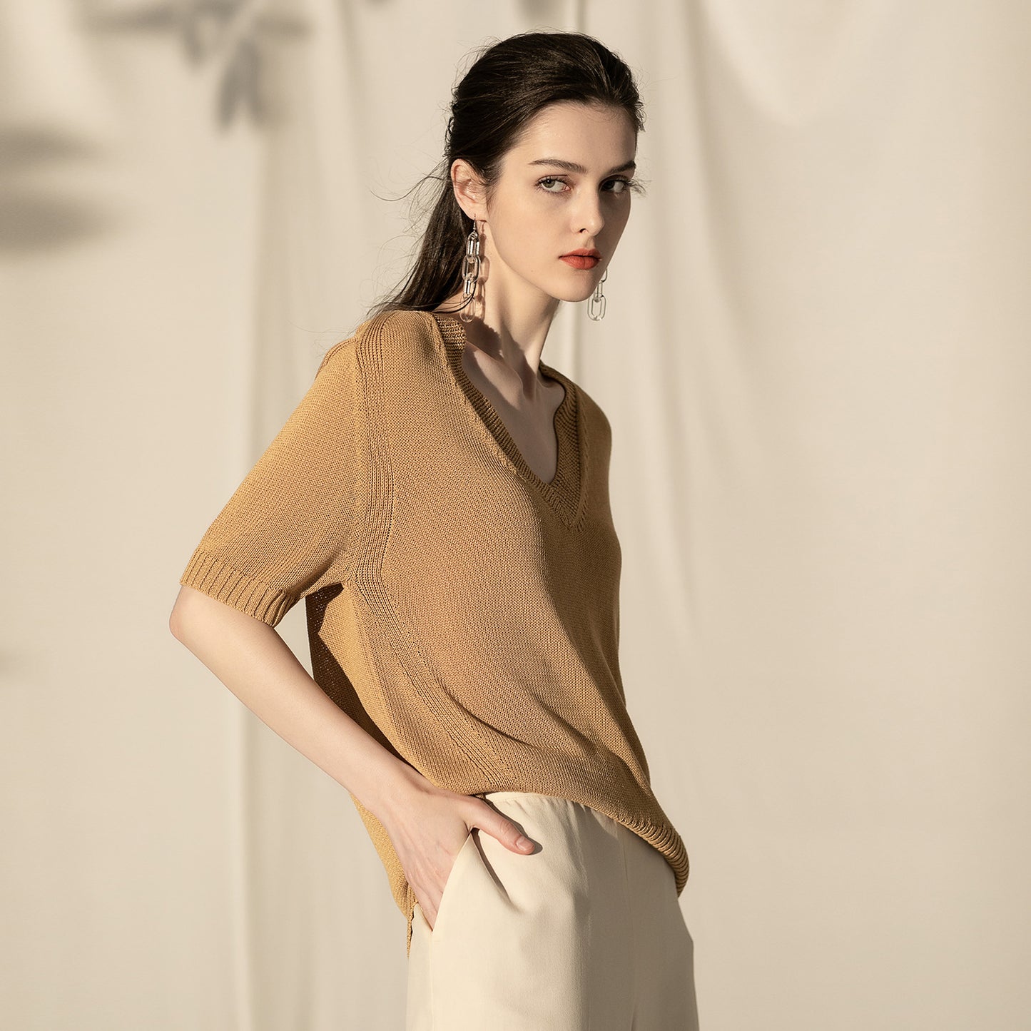 Silver Knit Women Spring Summer New Women's Solid Color V-Neck Set Loose Sweater Women's Mid-Sleeve Women's Wear