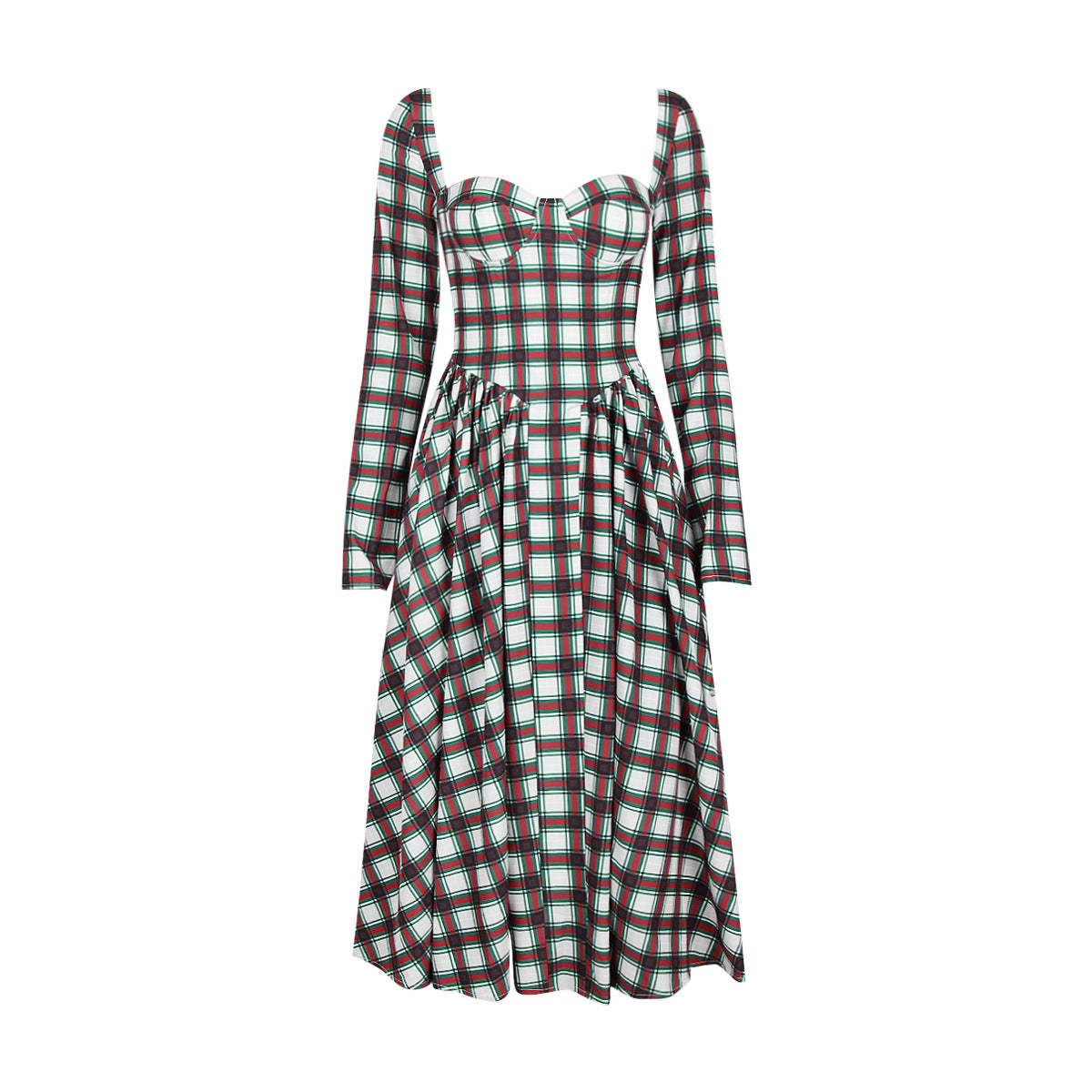 Plaid Slim-Fit Backless Dress Sexy Square Neck Midi Christmas Dress Holiday Dress