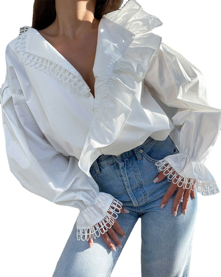 Spring Women's Shirt Sexy Deep V-Neck Wooden Ear Edge Long Sleeve Temperament Fashion Patchwork Lace Shirt