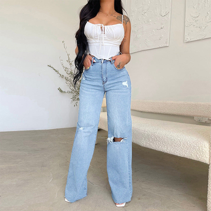 Women's Jeans Long, High-Waisted And Frayed Comfortable Wide-Leg Pants