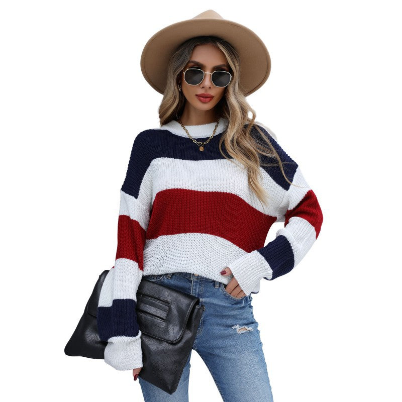 Fashion Women's Autumn Long-Sleeved Color Contrast Half Turtleneck Sweater Base