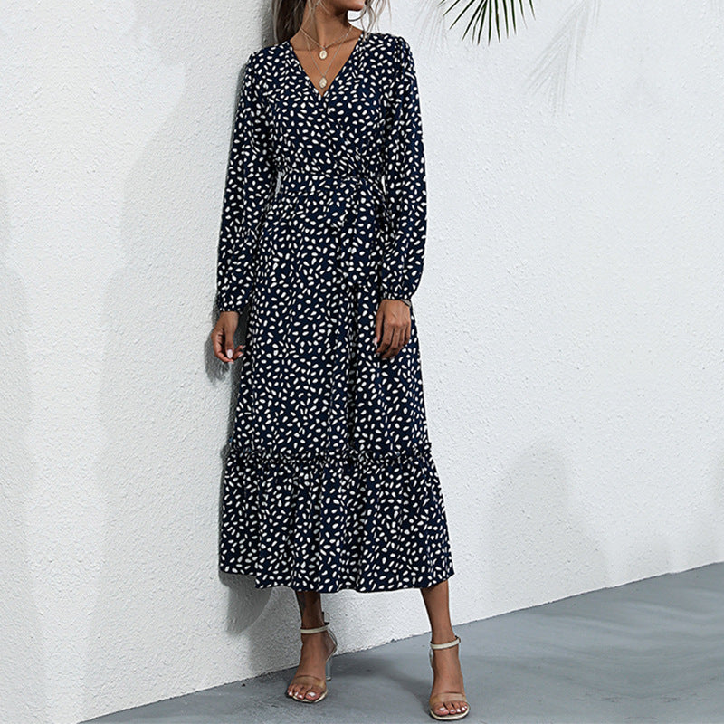 Women's Temperament Long Dress Split Green Floral Dress Autumn And Winter