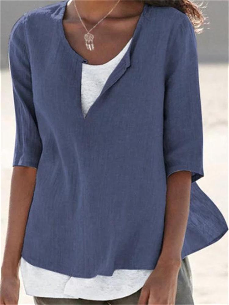 New Autumn And Winter V-Neck Solid Color Cotton Linen Large Size Sleeve Women's Shirt