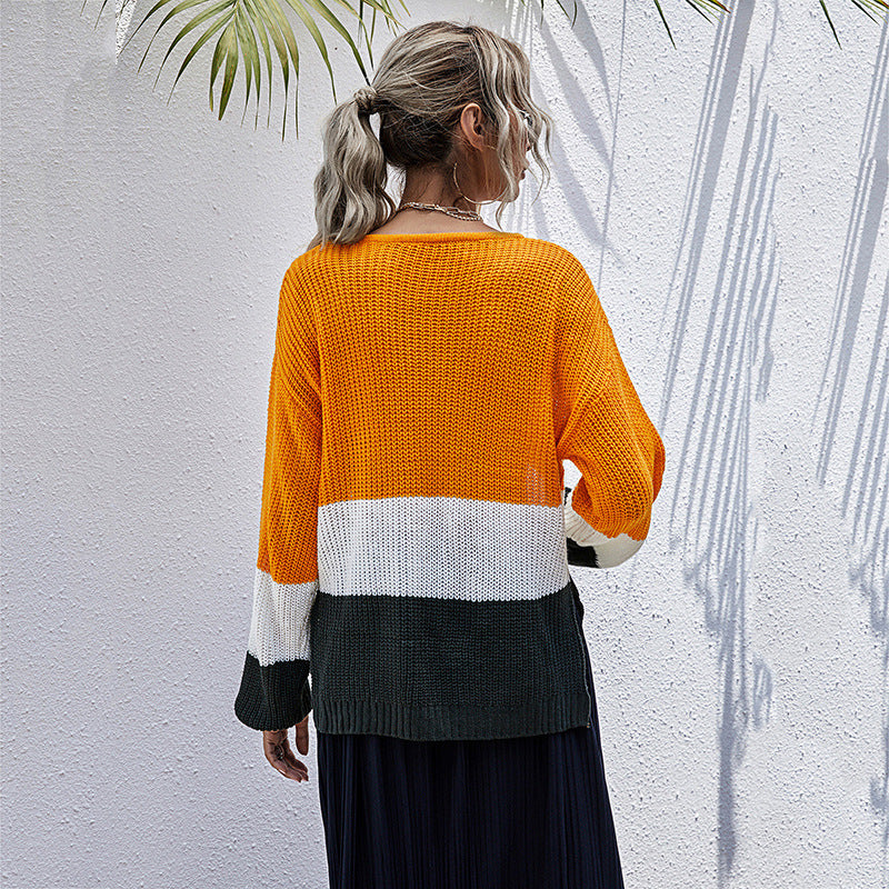Casual Loose Long-Sleeved Color Contrast Twist Women's Sweater