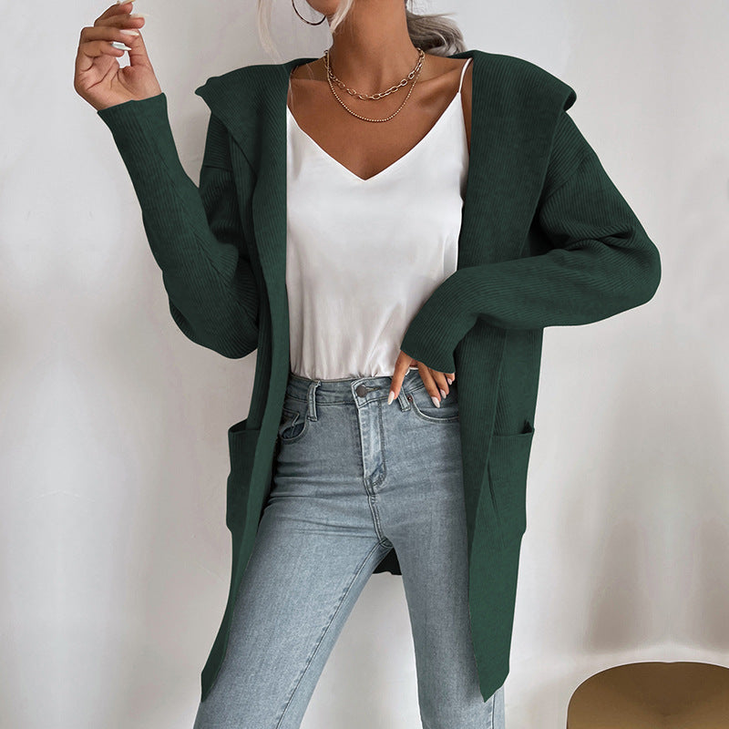 Autumn and Winter Women's Hooded Knitted Sweater Cardigan Coat