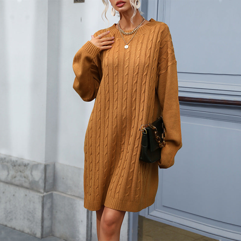 Knit Solid Color Long Sleeve Sweater Dress with Round Neck and Hemp Pattern
