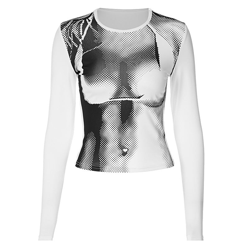 Personality Trend Sexy Short Women's Print Round Neck Slim Long Sleeve T-Shirt Large Size Fat Mm Tight Top