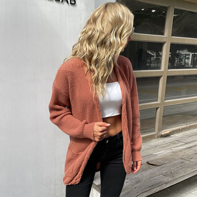 Autumn and Winter Fashion Knitted Long Sleeve Twist Solid Color Sweater Cardigan