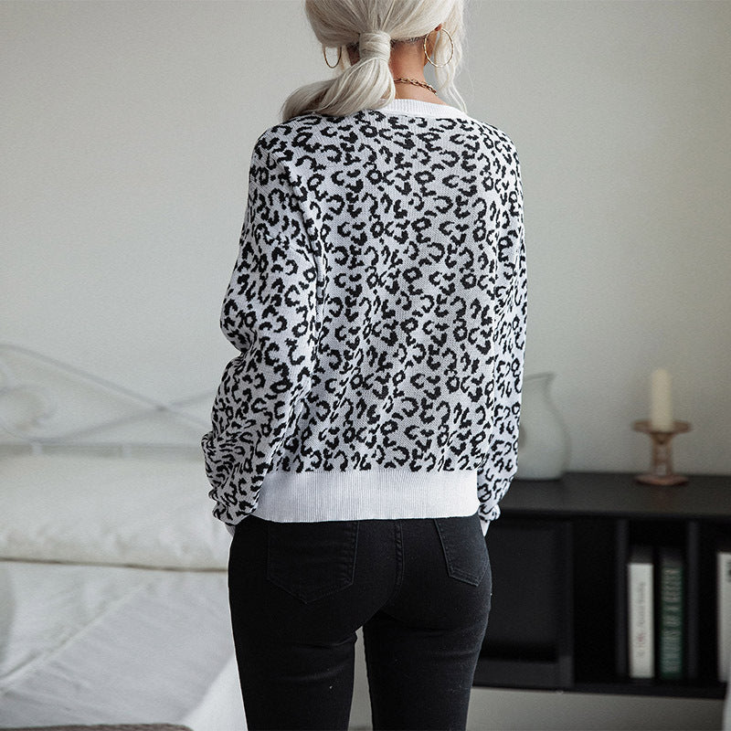 New Leisure Autumn Women's Leopard-Print Long-Sleeved Women's Sweater