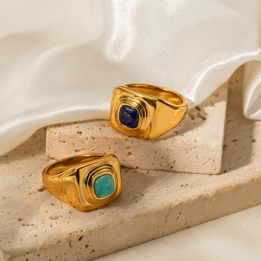 5pcs 18K Gold Lapis Lazarus Stainless Steel Ring Advanced Design Sense Does Not Fade Jewelry