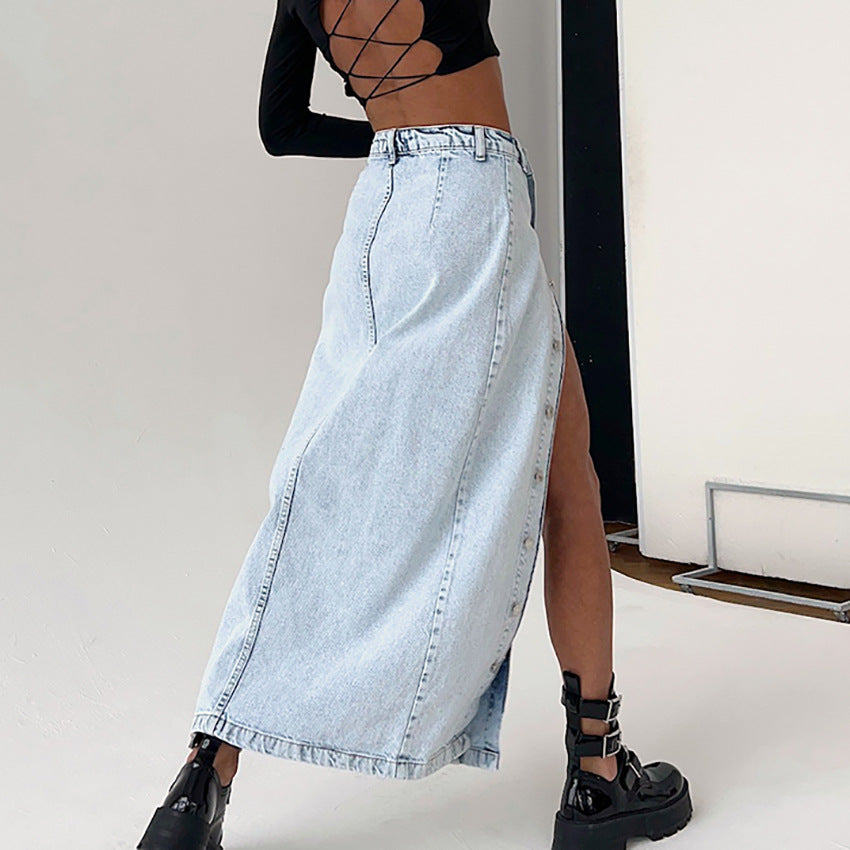 Retro Slit High Waist Denim Skirt Women's Summer Asymmetrical Design Sense Straight Skirt