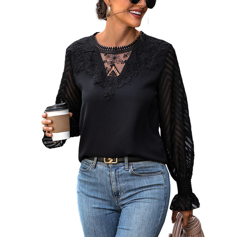 Spring Lace Patchwork Top Long Sleeve Commuter See-Through Pullover Blouse Woman