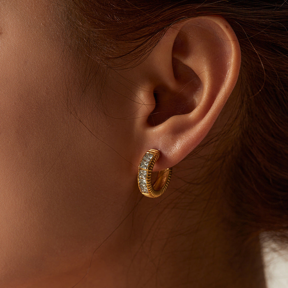 5pcs Elegant Vintage 18K Gold Stainless Steel Five Square Green Zircon Inlaid Thread C-Shaped Earrings Jewelry Women