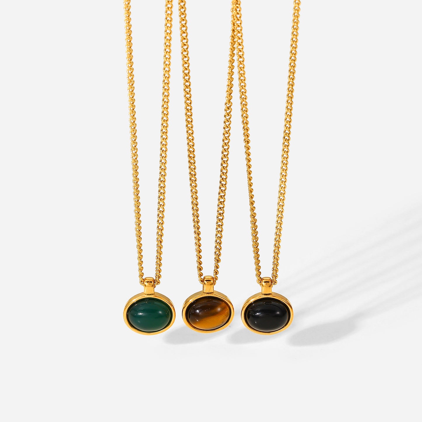 5pcs Style Retro Oval Natural Stone Pendant Necklace 18K Gold Plated Stainless Steel Chain Collar