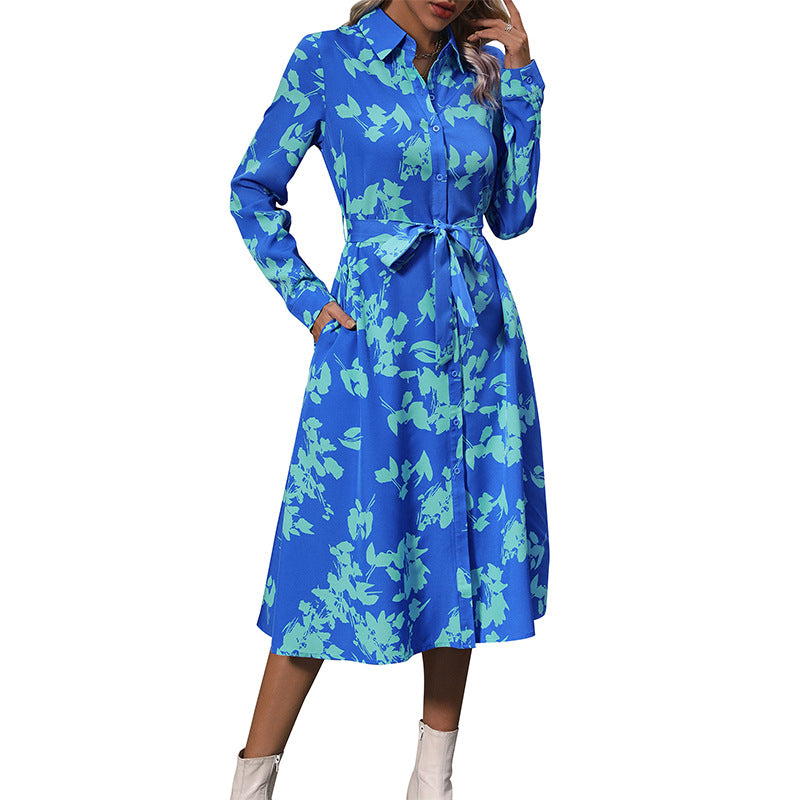 New Autumn Women's Long-Sleeved Lapel Print Dress