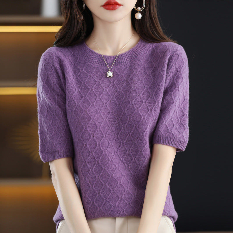 New 100% Pure Woolen Sweater Women Round Neck Short Sleeve Bottom Shirt Fashion Half Sleeve Knitted Top Fashion Pattern