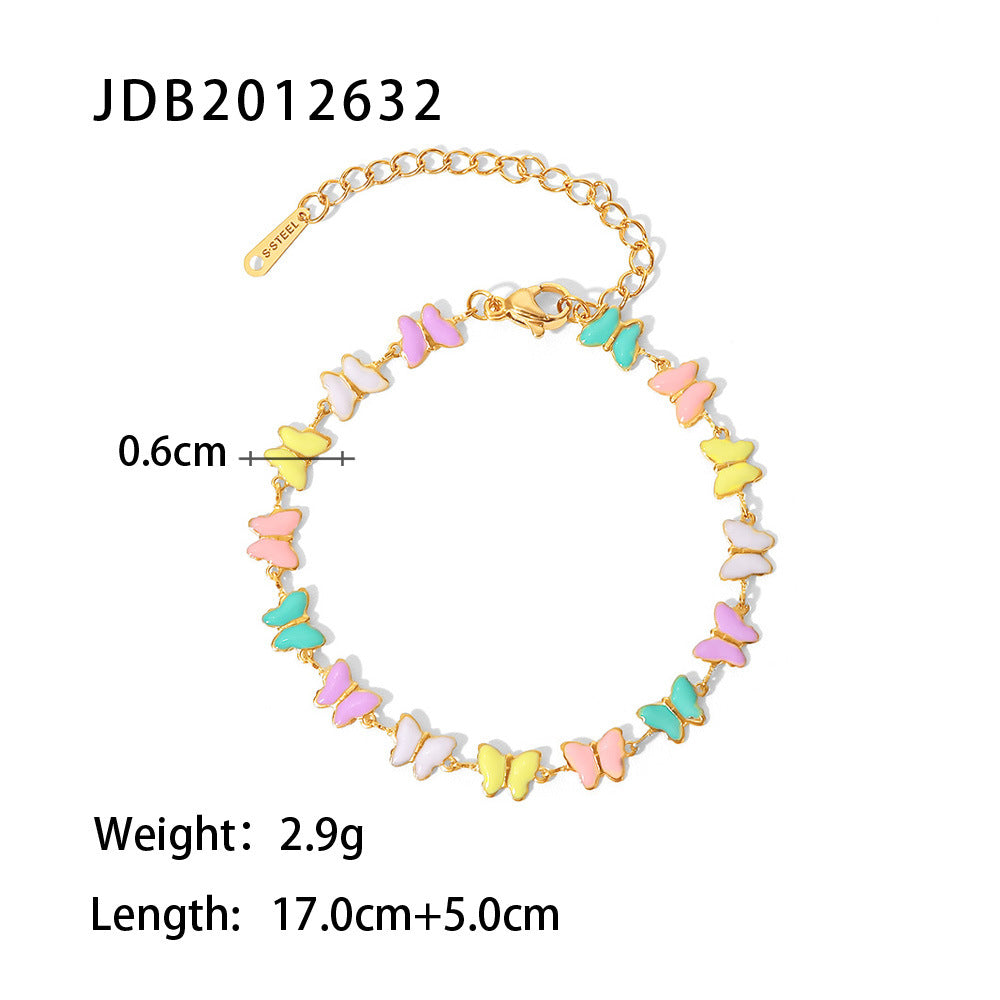 5pcs Women's Fashion 100 Accessorize With 18-Karat Gold Stainless Steel Dripping Bracelet Colorful Enamel Butterfly Collar Necklace Set