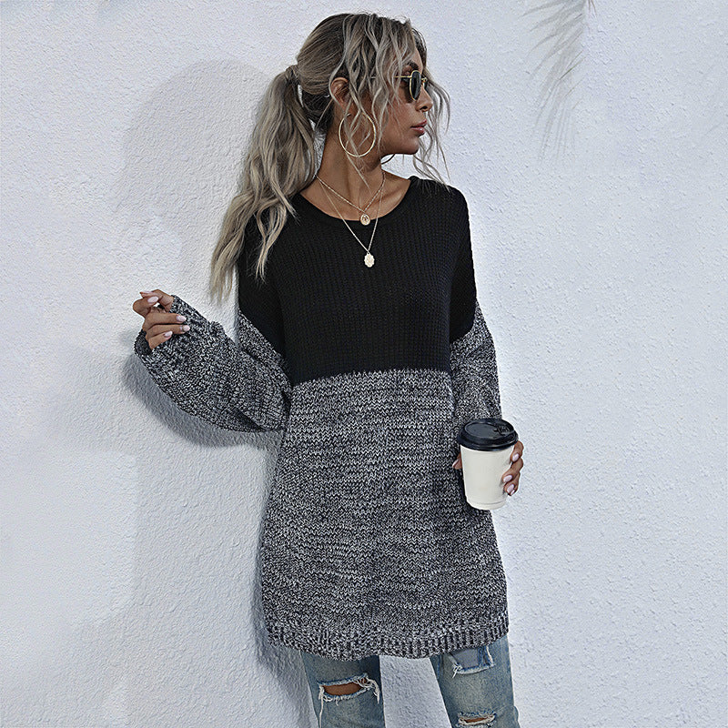 Color Contrast Round Neck Long Sleeve Knitted Sweater - Women's Medium-Length Fashion
