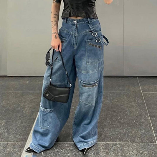 Tall Multi-Pocket Zipper Jeans Women New Straight Leg Wide Pants With Streamers