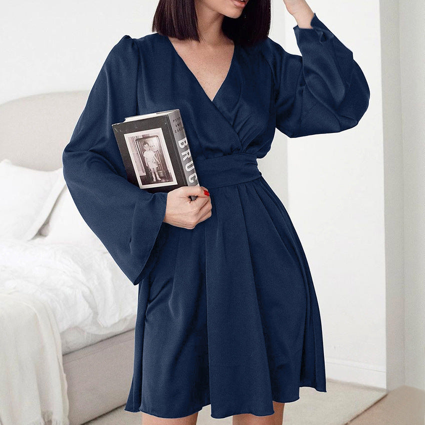 Navy Blue V-Neck Flared Sleeves Commuter Lace-Up Dress New Spring Fashion Short Skirt Women