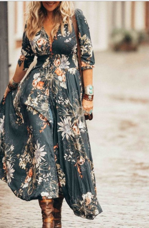 Summer Low-Key Luxury Simple Girls Plus-Size Women's Personalized Print Design V-Neck Sexy Dress