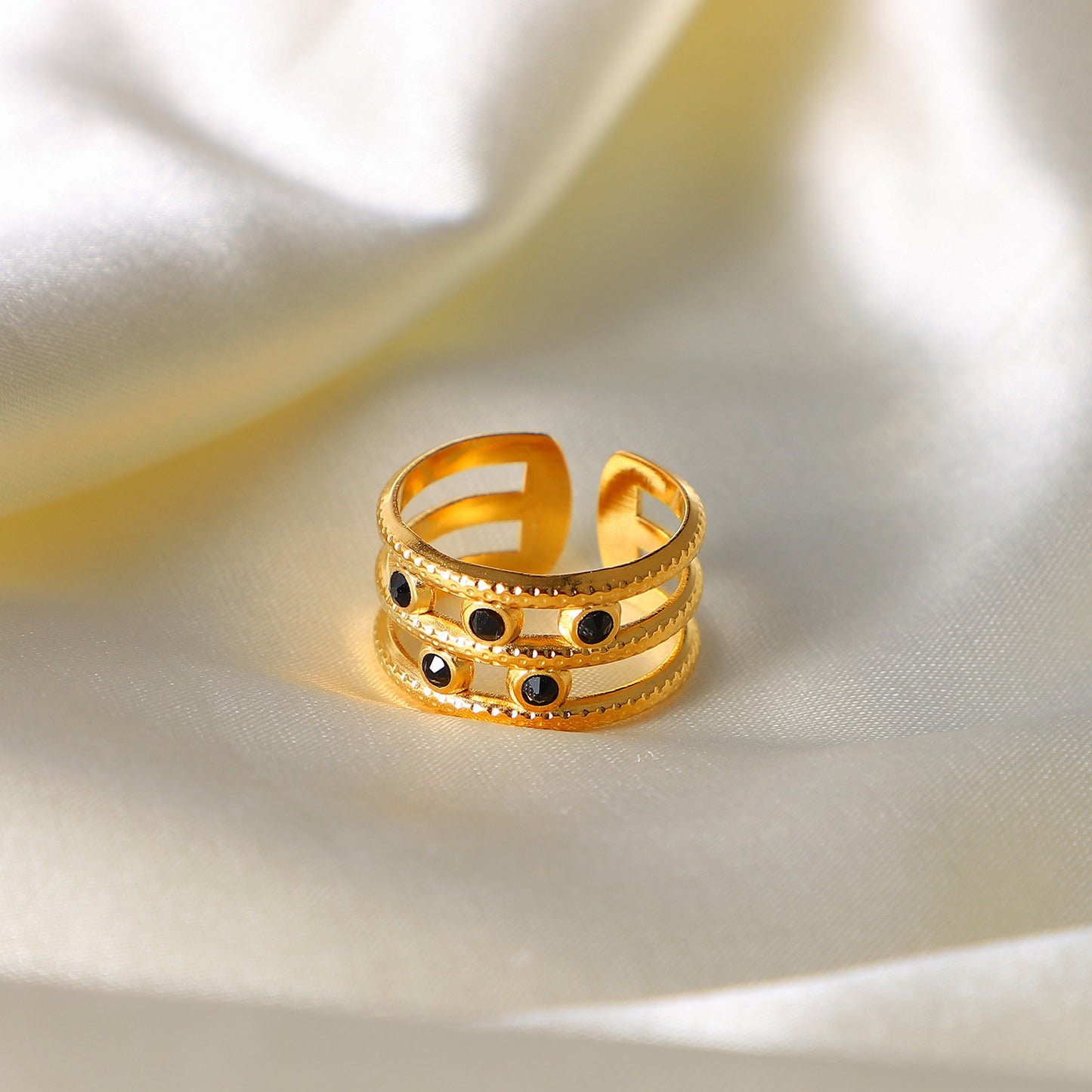 5pcs 18K Gold-Plated Stainless Steel 5 Black Diamond Three-Layer Open Ring Popular Jewelry For Women
