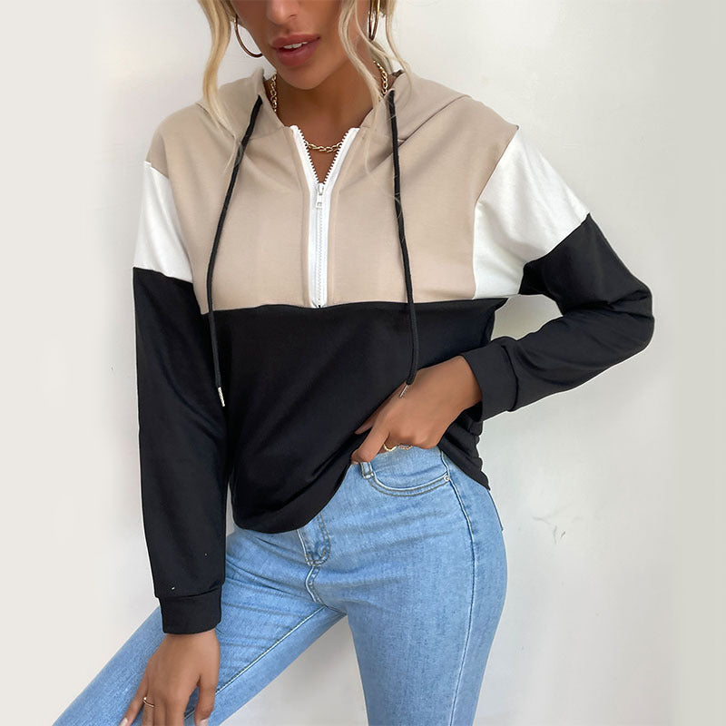 Autumn New Women's Hooded Pullover Splicing Color Hoodie Hoodie