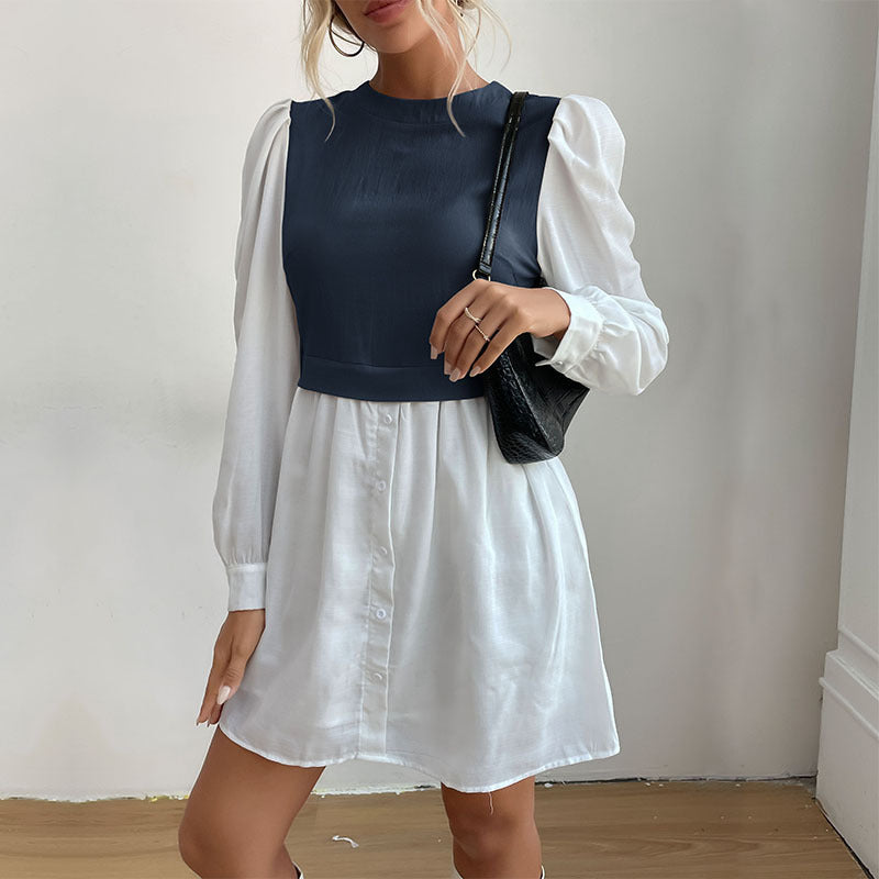 Women's Round Neck Long-Sleeved Color Patchwork Dress