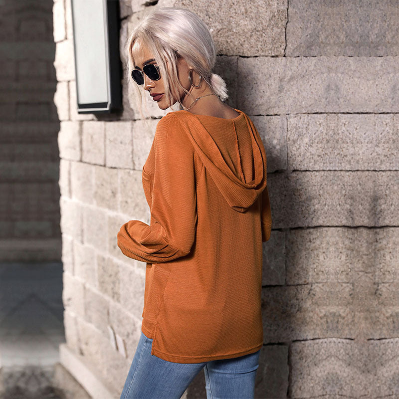 Autumn Winter New Casual Shirt Solid Color Pocket Hooded Sweater Women