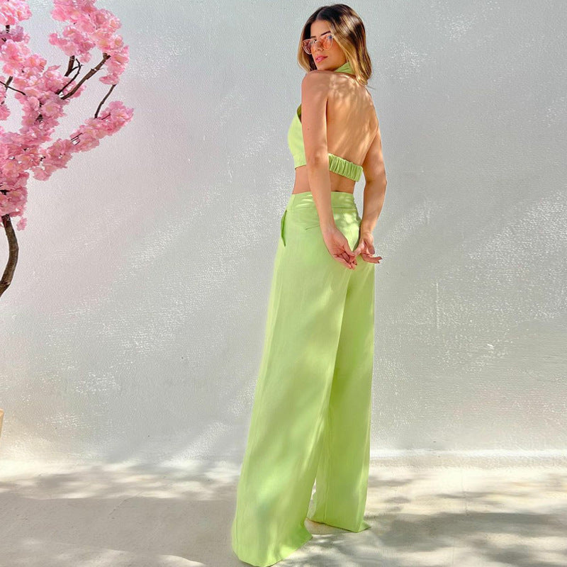 Women's Summer Sleeveless Sexy Halter Top Loose Wide Leg Trousers Two-Piece Set